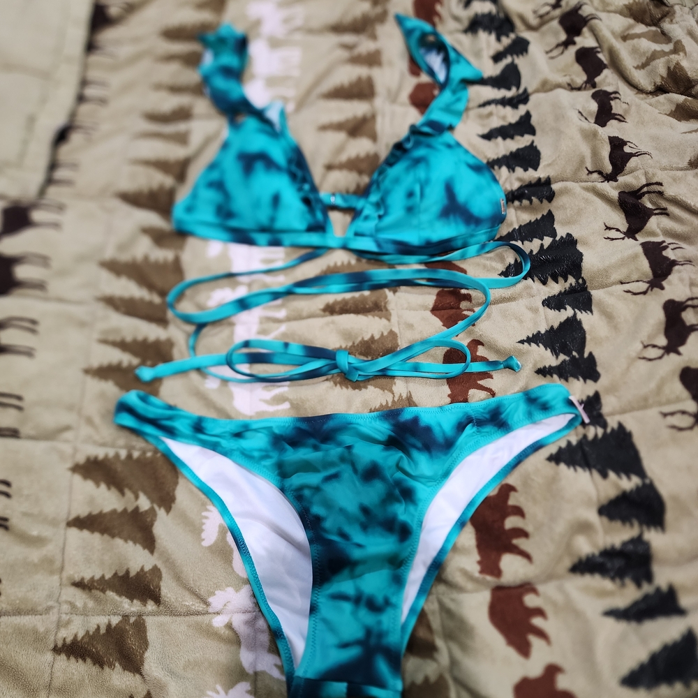 PINK Victoria's Secret Teal Tie Dye Bikini Top And Bottom Large